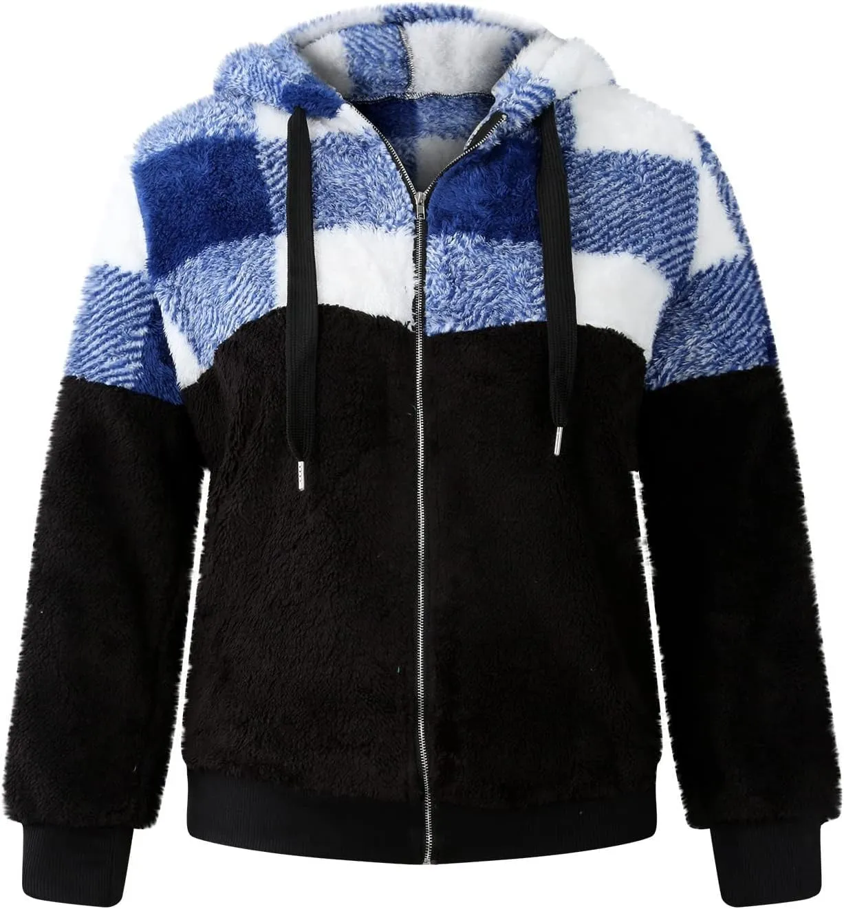 Womens Fuzzy Hooded Jacket Warm Winter Coats Plaid Color Block Zip Up Hoodie Plush Jackets Casual Outerwear