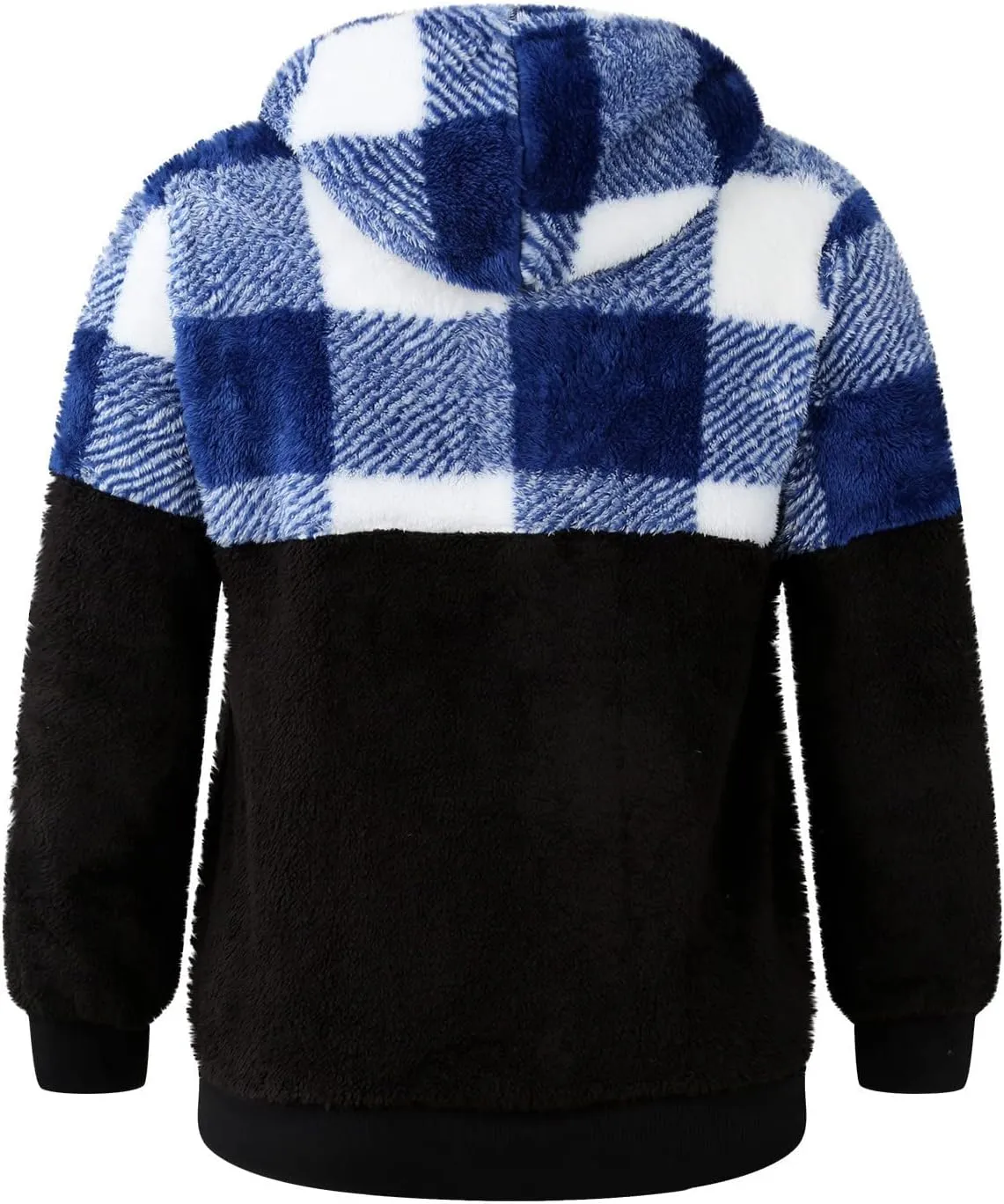 Womens Fuzzy Hooded Jacket Warm Winter Coats Plaid Color Block Zip Up Hoodie Plush Jackets Casual Outerwear