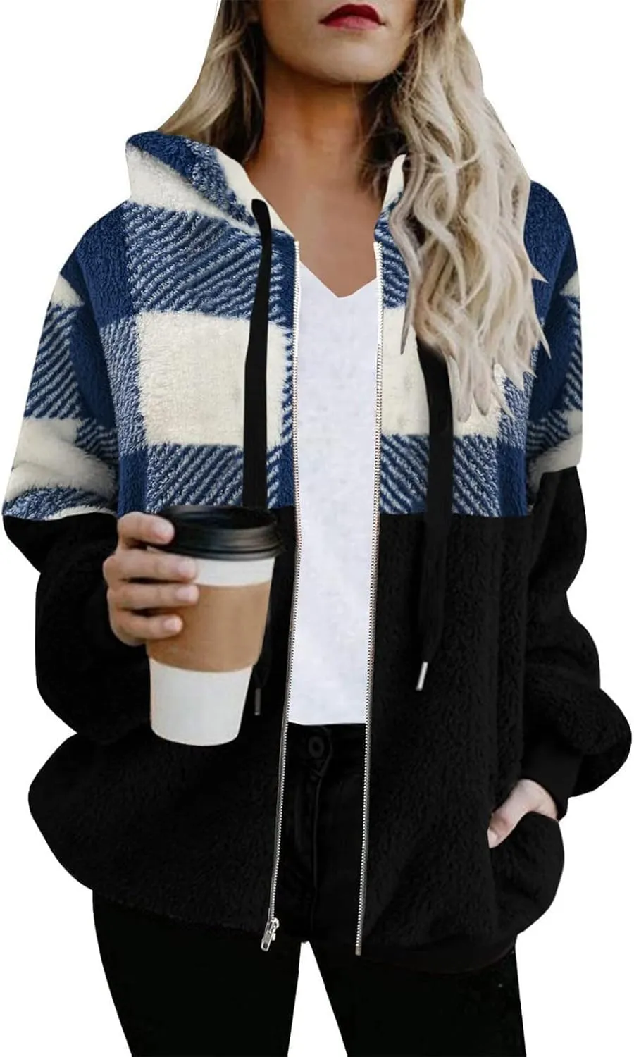 Womens Fuzzy Hooded Jacket Warm Winter Coats Plaid Color Block Zip Up Hoodie Plush Jackets Casual Outerwear