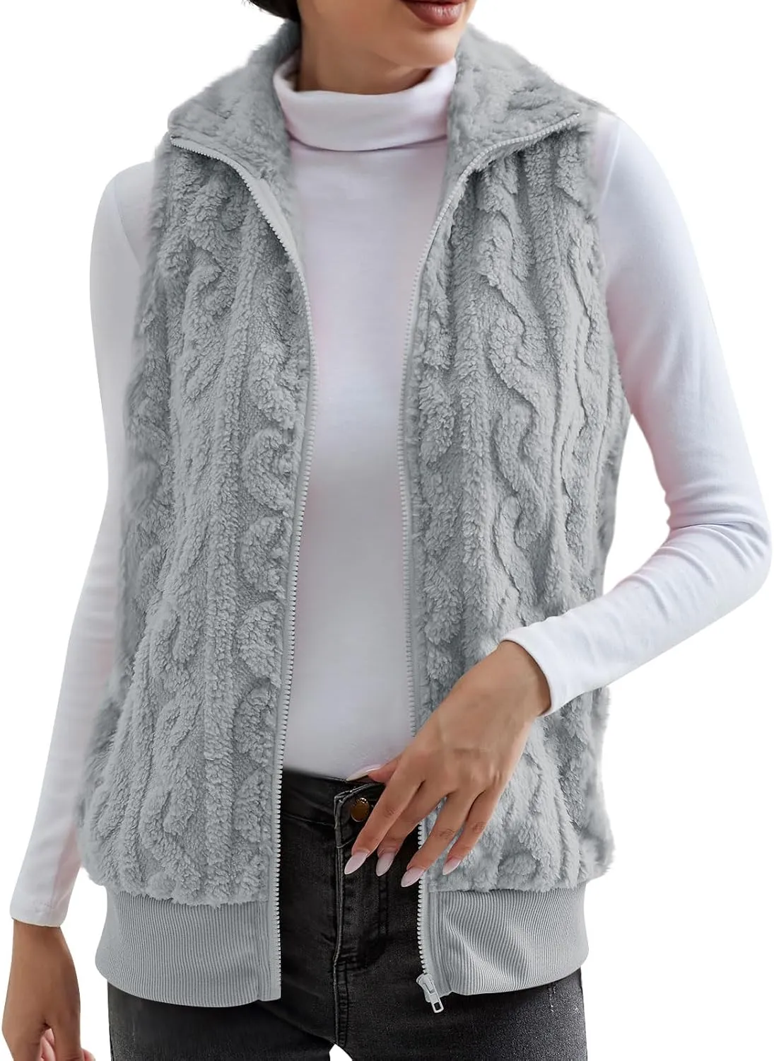 Womens Fuzzy Sherpa Fleece Jacket Lightweight Warm Vest Cozy Sleeveless Cardigan Zip Up Waistcoat Outwear with Pockets