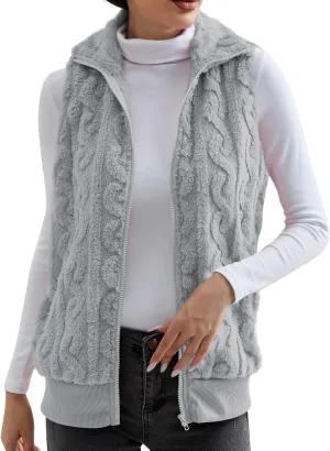 Womens Fuzzy Sherpa Fleece Jacket Lightweight Warm Vest Cozy Sleeveless Cardigan Zip Up Waistcoat Outwear with Pockets