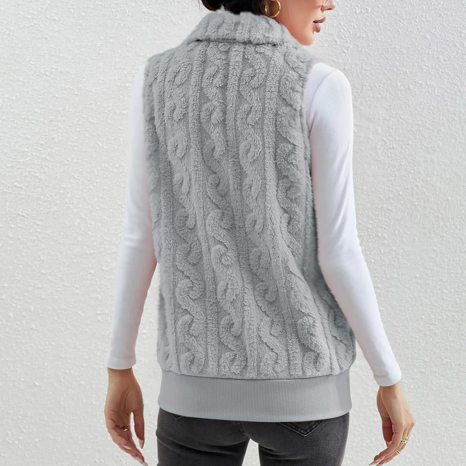 Womens Fuzzy Sherpa Fleece Jacket Lightweight Warm Vest Cozy Sleeveless Cardigan Zip Up Waistcoat Outwear with Pockets