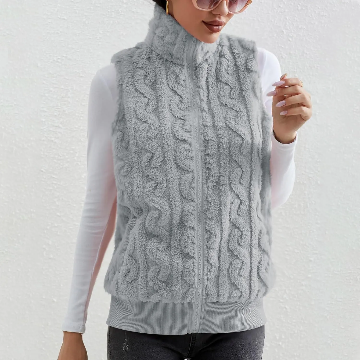 Womens Fuzzy Sherpa Fleece Jacket Lightweight Warm Vest Cozy Sleeveless Cardigan Zip Up Waistcoat Outwear with Pockets