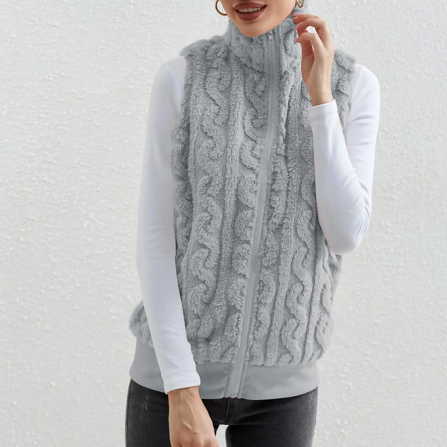 Womens Fuzzy Sherpa Fleece Jacket Lightweight Warm Vest Cozy Sleeveless Cardigan Zip Up Waistcoat Outwear with Pockets