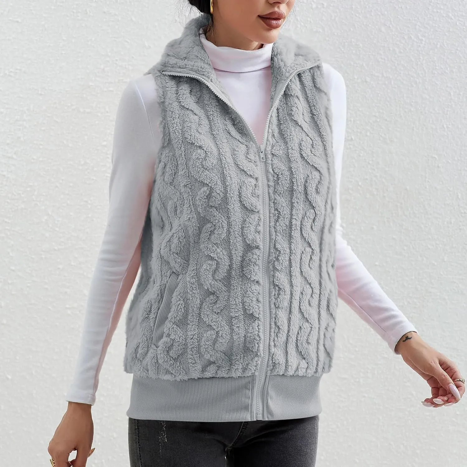 Womens Fuzzy Sherpa Fleece Jacket Lightweight Warm Vest Cozy Sleeveless Cardigan Zip Up Waistcoat Outwear with Pockets