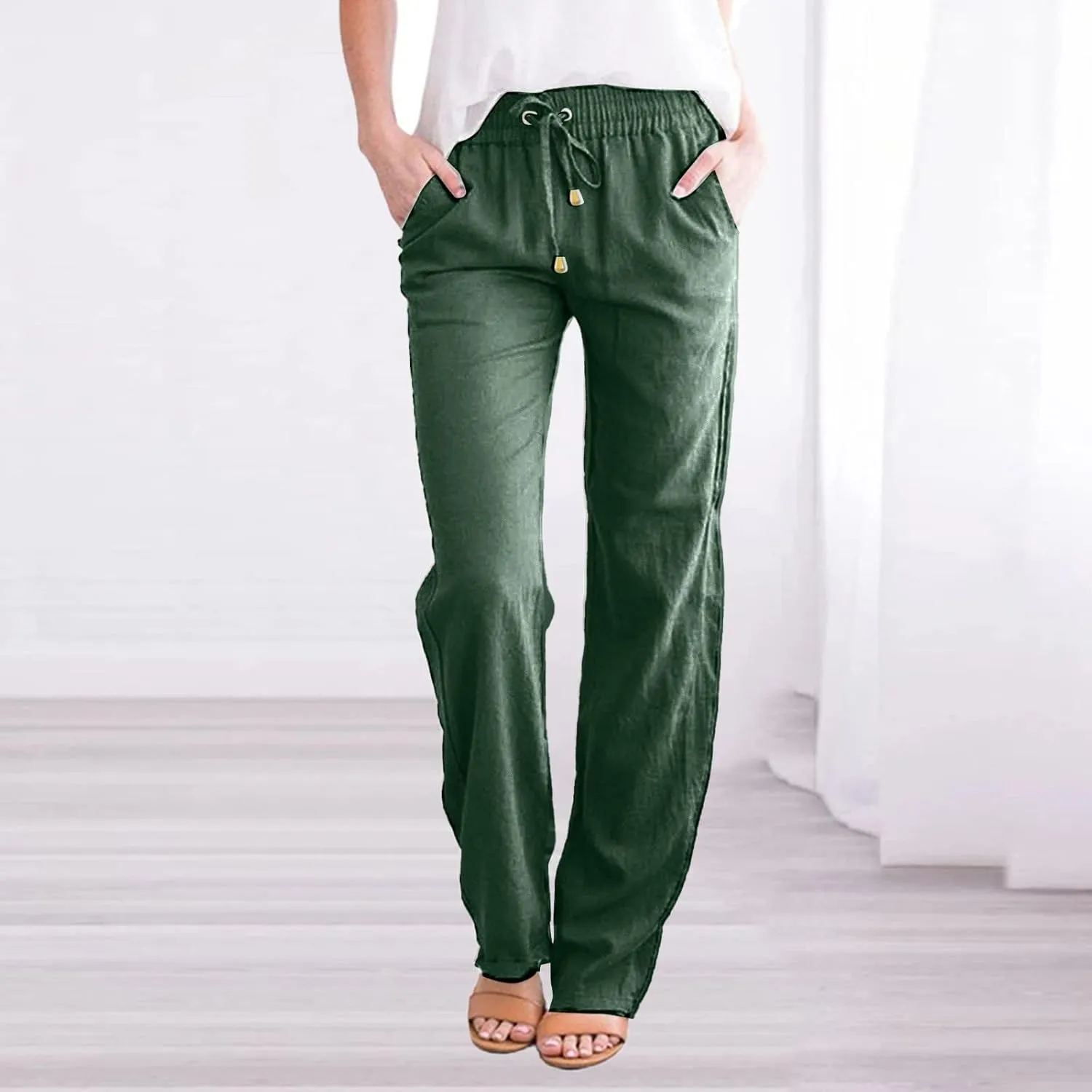 Women's High Waisted Linen Pants Casual Summer Pants Plus Size Lounge Pants Lightweight Comfy Pants Drawstring Trouser
