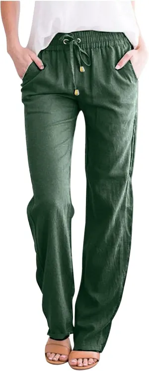 Women's High Waisted Linen Pants Casual Summer Pants Plus Size Lounge Pants Lightweight Comfy Pants Drawstring Trouser