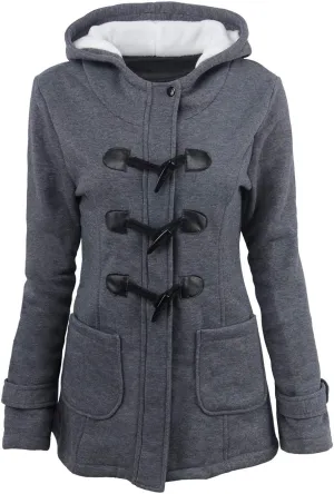 Womens Horn Button Fleece Jacket Hooded Sherpa Lined Coats Classic Fashion Winter Thicken Warm Pea Coat Parkas Outwear