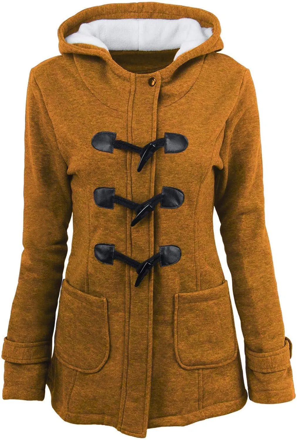 Womens Horn Button Fleece Jacket Hooded Sherpa Lined Coats Classic Fashion Winter Thicken Warm Pea Coat Parkas Outwear