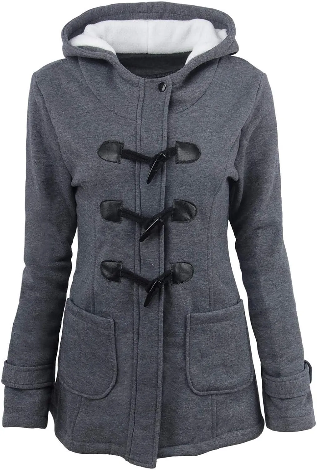 Womens Horn Button Fleece Jacket Hooded Sherpa Lined Coats Classic Fashion Winter Thicken Warm Pea Coat Parkas Outwear