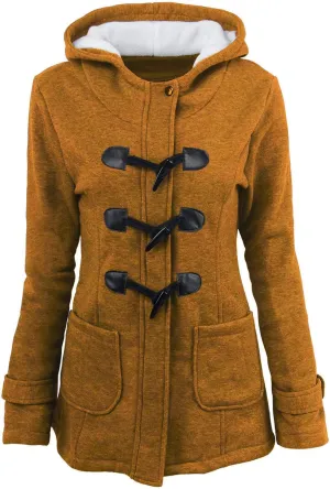 Womens Horn Button Fleece Jacket Hooded Sherpa Lined Coats Classic Fashion Winter Thicken Warm Pea Coat Parkas Outwear