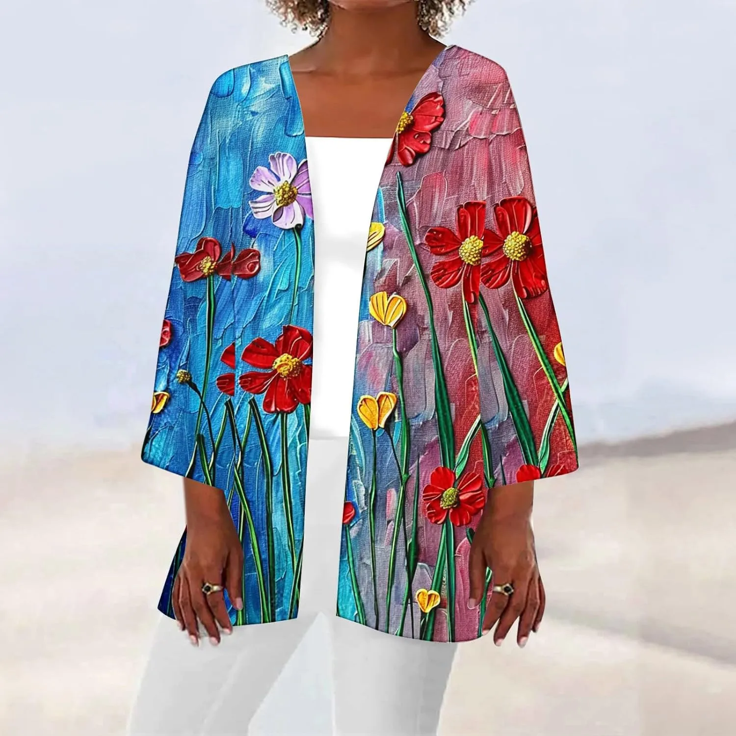 Women's Kimono Cardigan Floral Print Beach Cover Ups 3/4 Sleeve Boho Casual Open Front Tops Hawaii Vacation Outfits