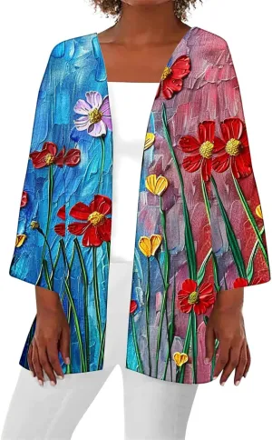 Women's Kimono Cardigan Floral Print Beach Cover Ups 3/4 Sleeve Boho Casual Open Front Tops Hawaii Vacation Outfits