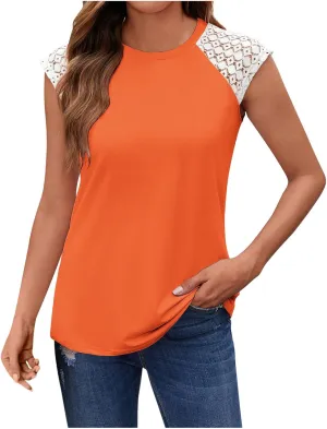Womens Lace Cap Sleeve Tops Pleated Solid Color Crewneck Summer Tank Tops 2025 Dressy Sleeveless Shirts Blouse