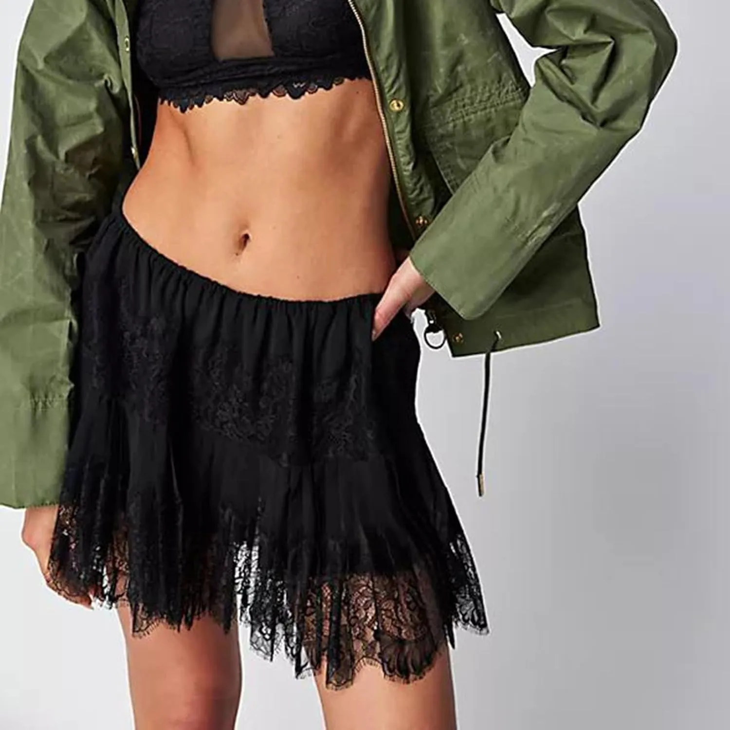 Women's Lace Mini Skirts Low Rise Pleated Lace Skirts Y2k Ruffle Slip Skirt Summer Fairy Flowy Skirts