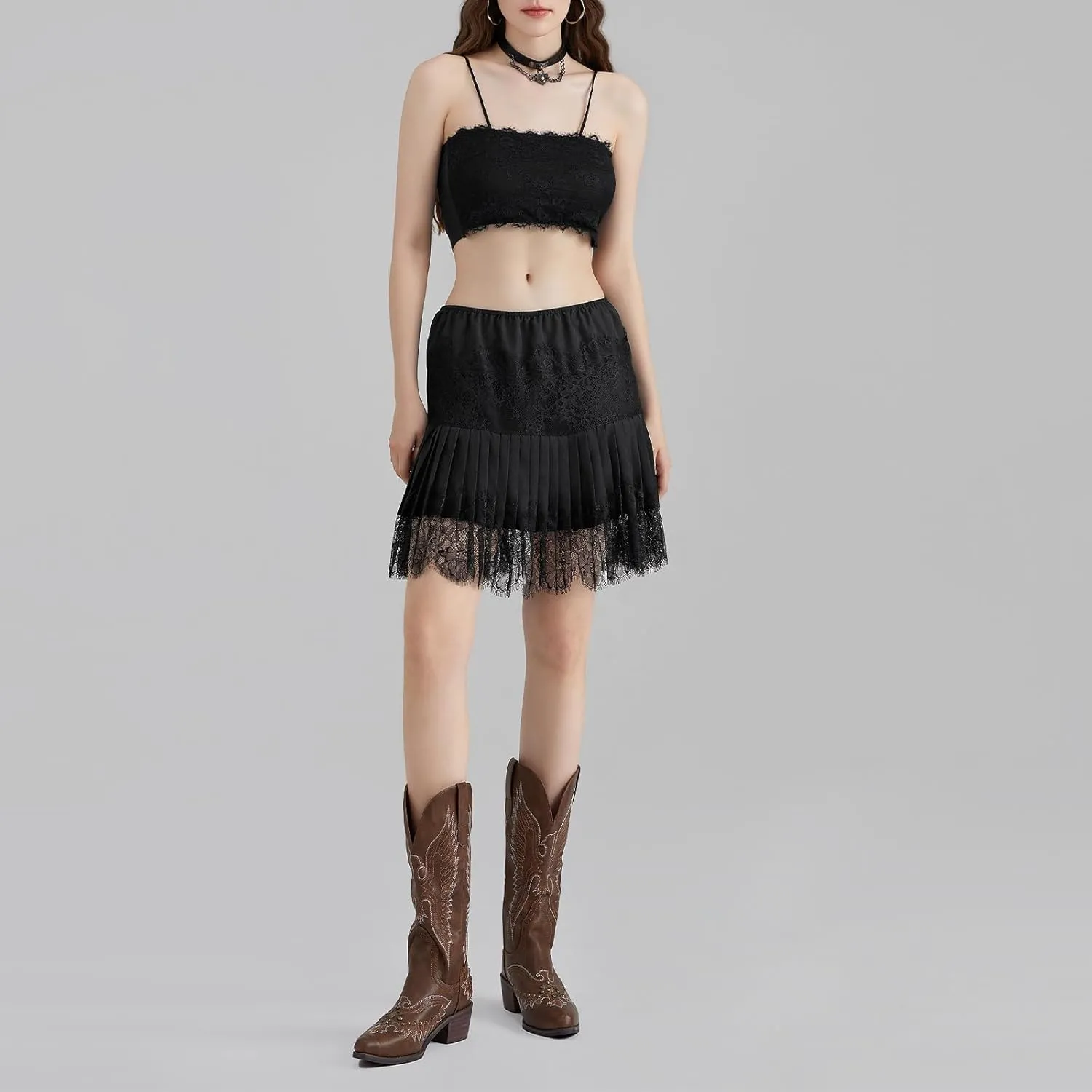 Women's Lace Mini Skirts Low Rise Pleated Lace Skirts Y2k Ruffle Slip Skirt Summer Fairy Flowy Skirts