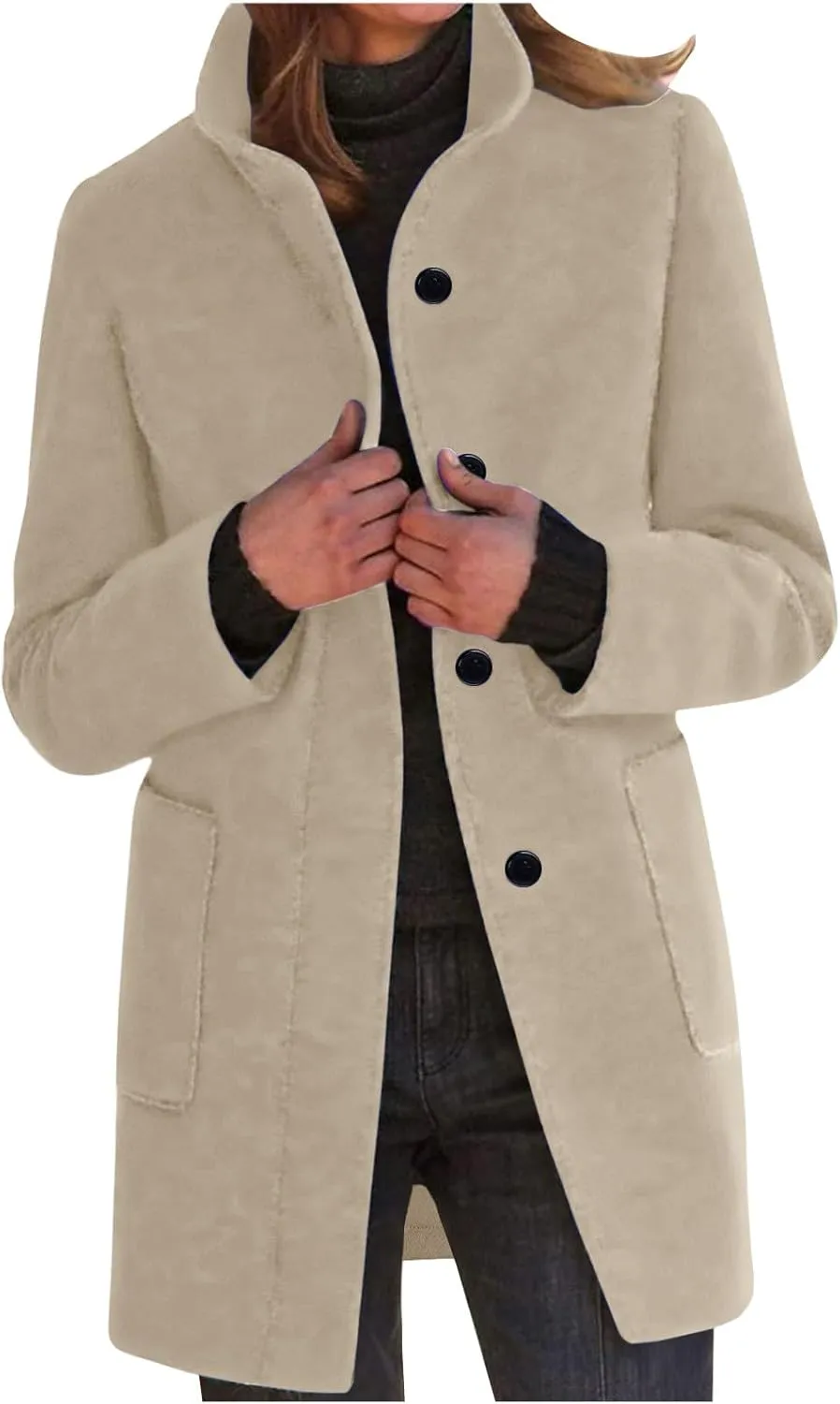 Women's Lapel Collar Single Breasted Fall Winter Warm Coats Wool Blend Pea Coats Casual Solid Color Mid Long Outerwear