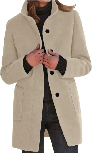 Women's Lapel Collar Single Breasted Fall Winter Warm Coats Wool Blend Pea Coats Casual Solid Color Mid Long Outerwear