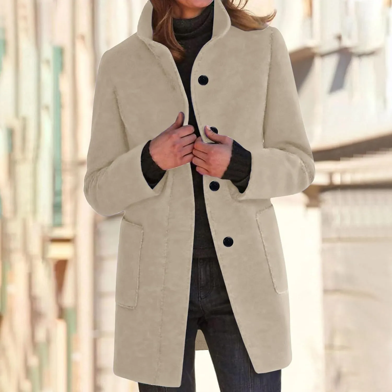Women's Lapel Collar Single Breasted Fall Winter Warm Coats Wool Blend Pea Coats Casual Solid Color Mid Long Outerwear