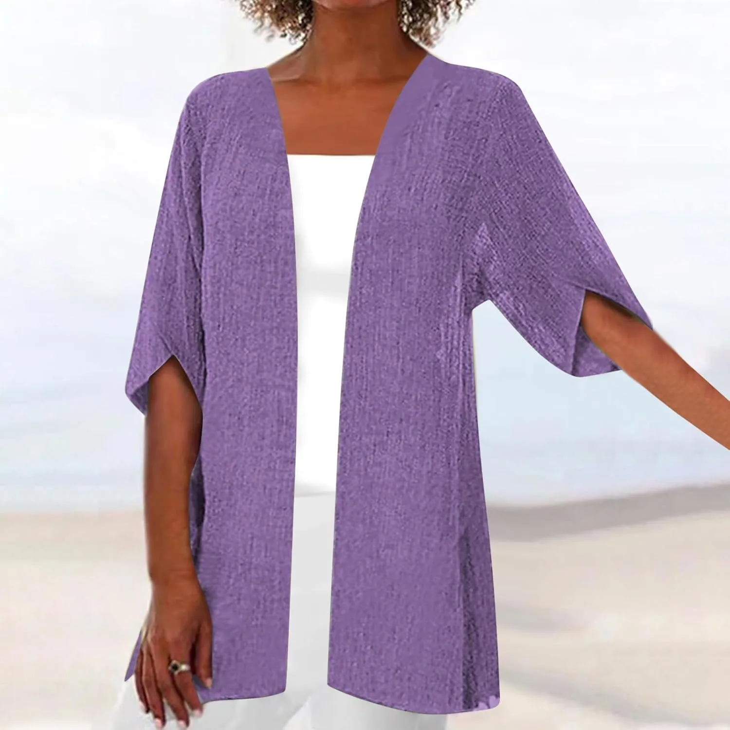Womens Lightweight Linen Cardigan Open Front Covet Up Summer Casual Half Sleeve Plus Size Beach Sun Protection Clothes