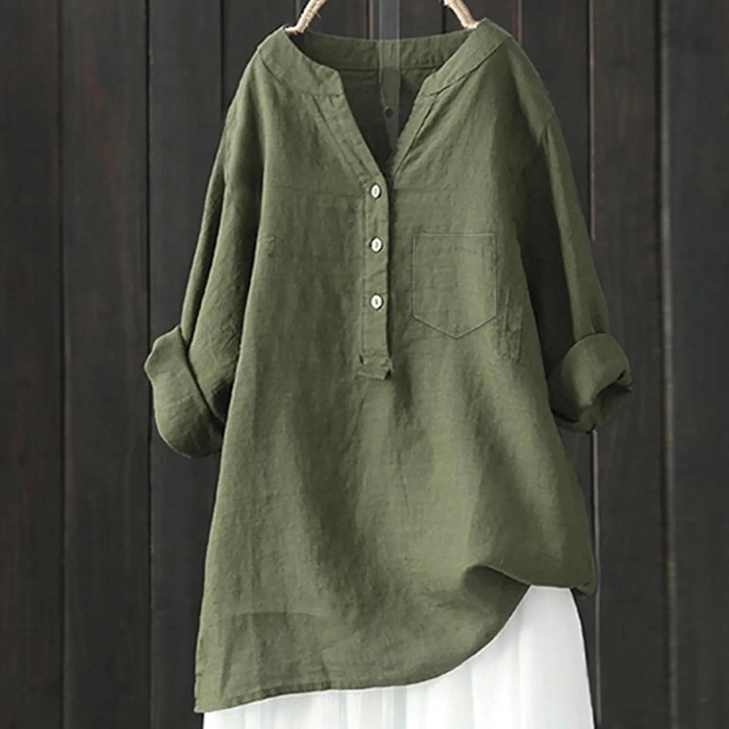 Women's Linen Button Down Shirts V Neck Short Sleeve Tshirts Light Weight Plain Blouses Casual Loose Fit Tunic Tops