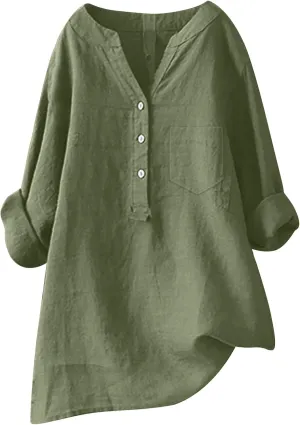 Women's Linen Button Down Shirts V Neck Short Sleeve Tshirts Light Weight Plain Blouses Casual Loose Fit Tunic Tops