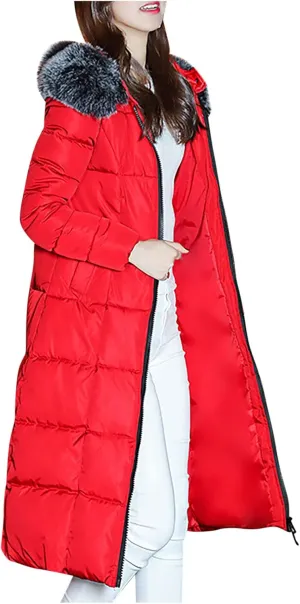 Women's Long Down Coat Winter Maxi Puffer Jacket with Fur Collar Thickened Parka Long Maxi Outdoor Overcoat Outwear