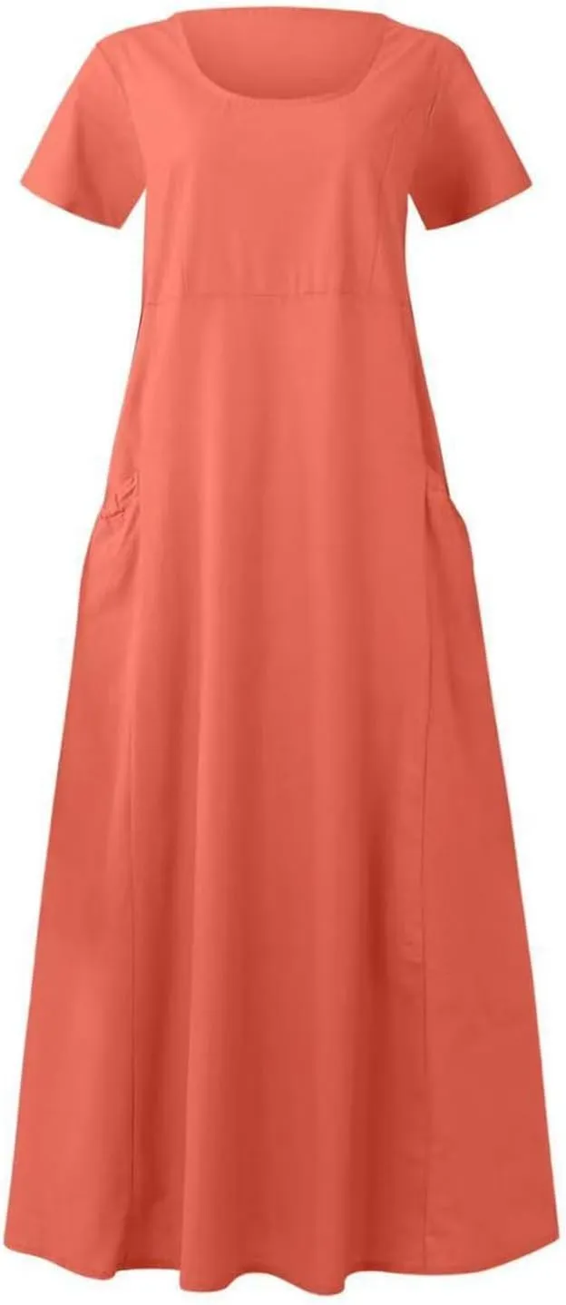 Women's Long Linen Cotton Summer Dresses Short Sleeve Elegant Flowy Dresses Loose Solid Loungewear Dress with Pockets