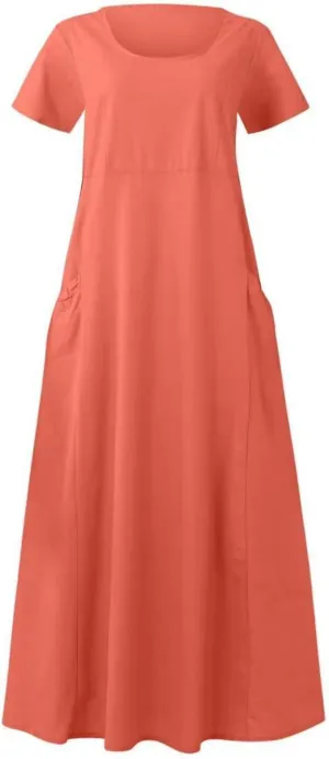 Women's Long Linen Cotton Summer Dresses Short Sleeve Elegant Flowy Dresses Loose Solid Loungewear Dress with Pockets