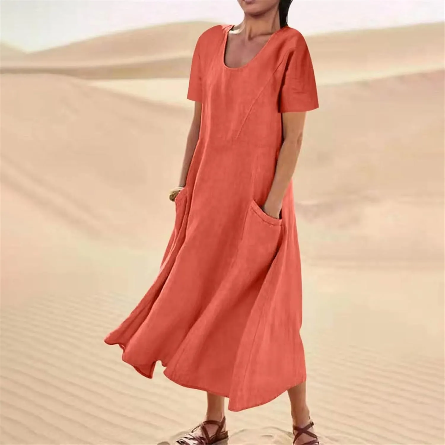 Women's Long Linen Cotton Summer Dresses Short Sleeve Elegant Flowy Dresses Loose Solid Loungewear Dress with Pockets