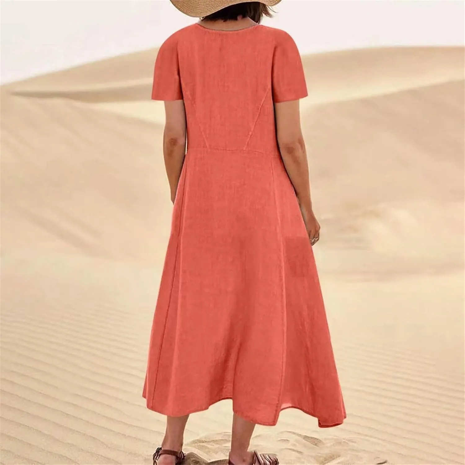 Women's Long Linen Cotton Summer Dresses Short Sleeve Elegant Flowy Dresses Loose Solid Loungewear Dress with Pockets