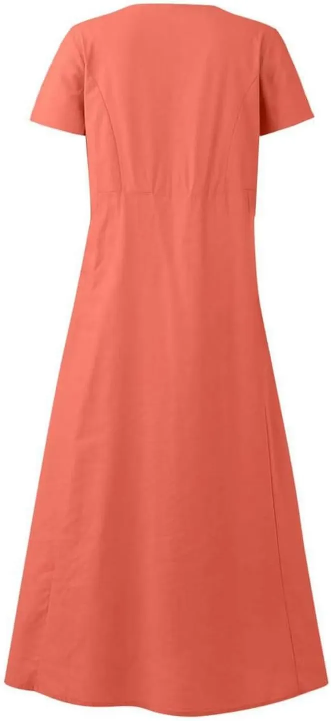 Women's Long Linen Cotton Summer Dresses Short Sleeve Elegant Flowy Dresses Loose Solid Loungewear Dress with Pockets