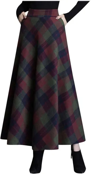 Women's Long Plaid Skirt Fall Winter High Waist A-line Pleated Maxi Skirts 2025 Spring Summer Trendy Vintage Dress