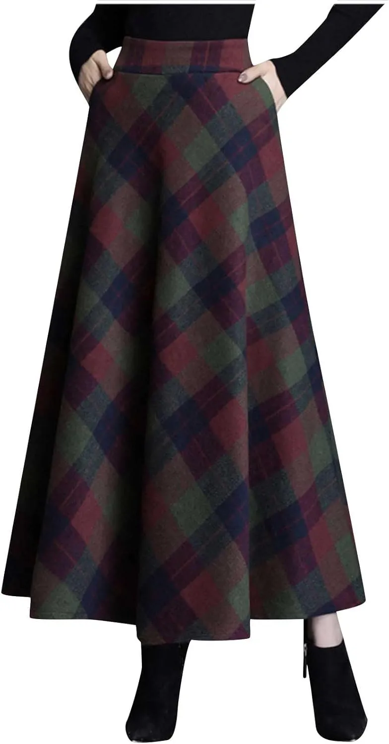 Women's Long Plaid Skirt Fall Winter High Waist A-line Pleated Maxi Skirts 2025 Spring Summer Trendy Vintage Dress