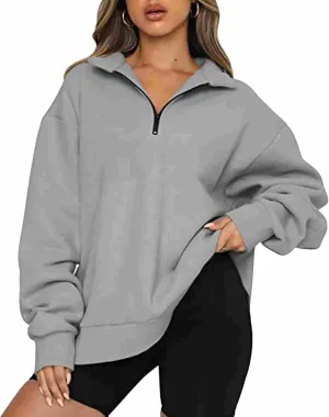 Womens Long Sleeve Hoodless Sweatshirt Trendy Quarter Zip Athletic Casual Pullover Tops Fall Warm Solid Color Top