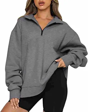 Womens Long Sleeve Hoodless Sweatshirt Trendy Quarter Zip Athletic Casual Pullover Tops Fall Warm Solid Color Top