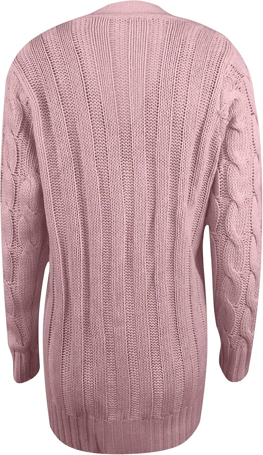 Women's Loose Cable Knit Cardigan Sweater Long Sleeve Open Front Button Down Chunky Knitwear Outerwear with Pockets
