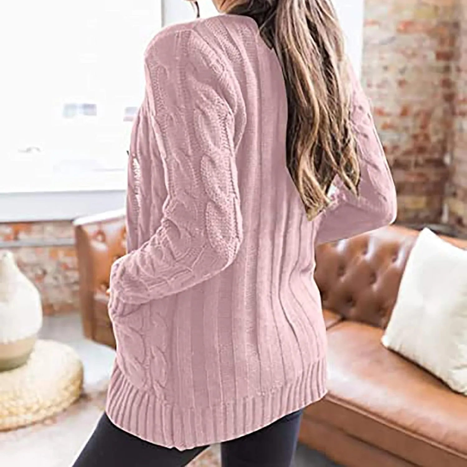 Women's Loose Cable Knit Cardigan Sweater Long Sleeve Open Front Button Down Chunky Knitwear Outerwear with Pockets
