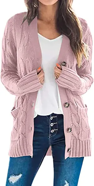 Women's Loose Cable Knit Cardigan Sweater Long Sleeve Open Front Button Down Chunky Knitwear Outerwear with Pockets