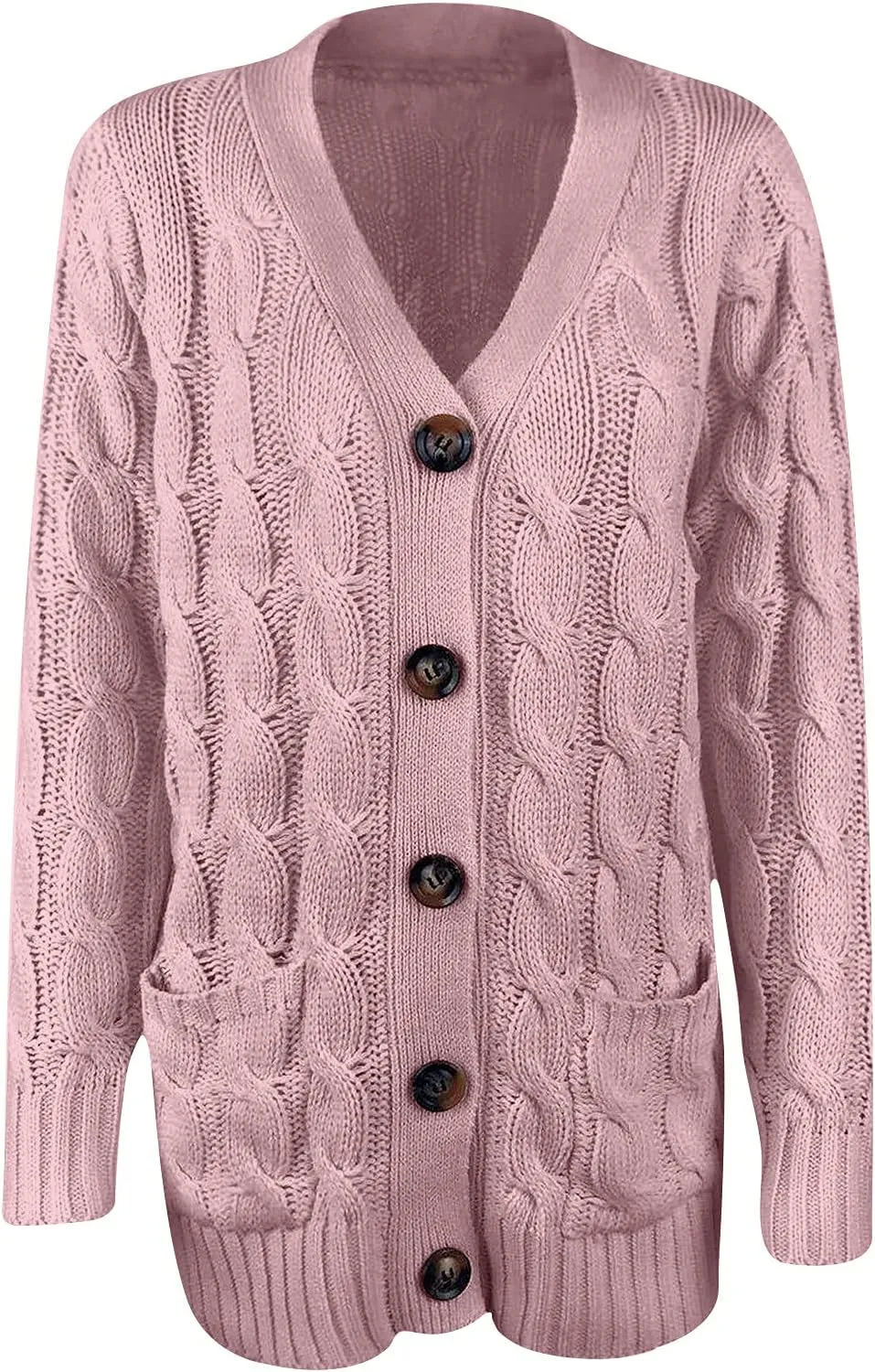 Women's Loose Cable Knit Cardigan Sweater Long Sleeve Open Front Button Down Chunky Knitwear Outerwear with Pockets