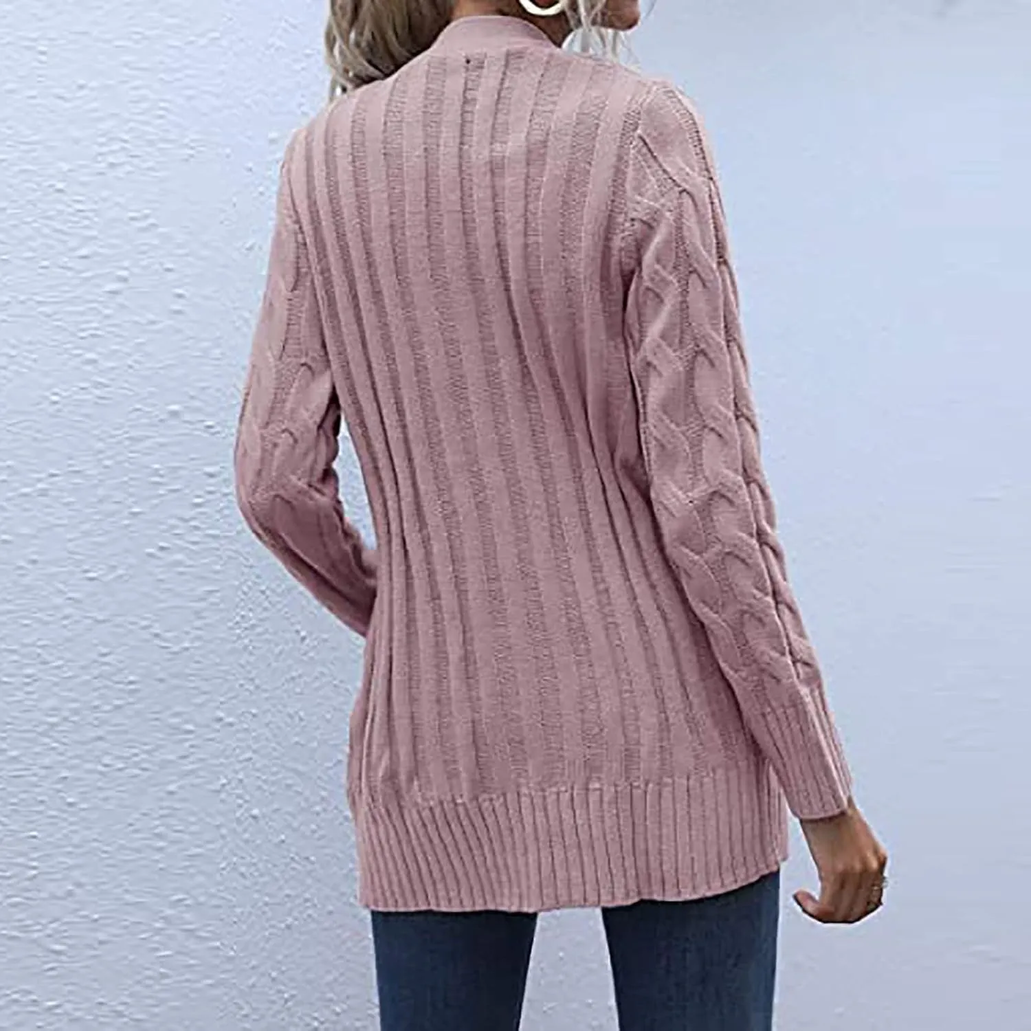 Women's Loose Cable Knit Cardigan Sweater Long Sleeve Open Front Button Down Chunky Knitwear Outerwear with Pockets