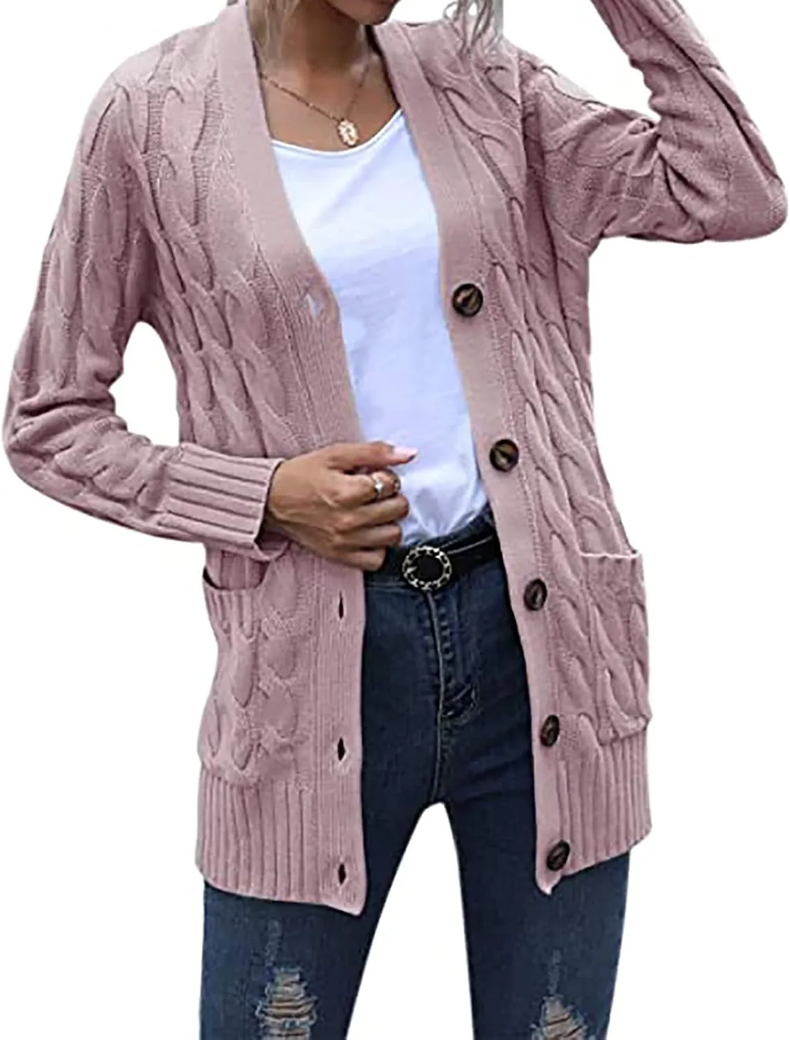 Women's Loose Cable Knit Cardigan Sweater Long Sleeve Open Front Button Down Chunky Knitwear Outerwear with Pockets