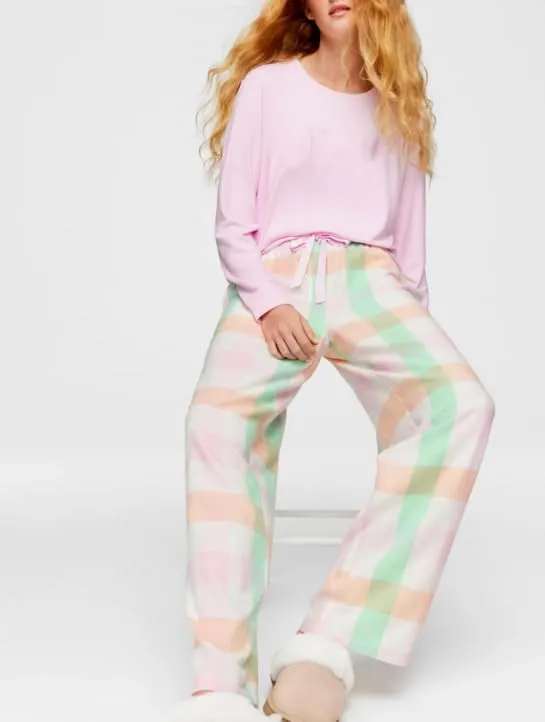 Womens Lounge Bowknot Tie Gingham Pajama Pants Preppy Plaid Sleep Pj Pants Cut Out Side Slit Aesthetic Long Pants