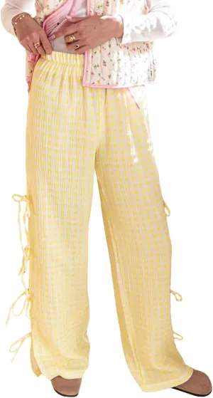 Womens Lounge Bowknot Tie Gingham Pajama Pants Preppy Plaid Sleep Pj Pants Cut Out Side Slit Aesthetic Long Pants