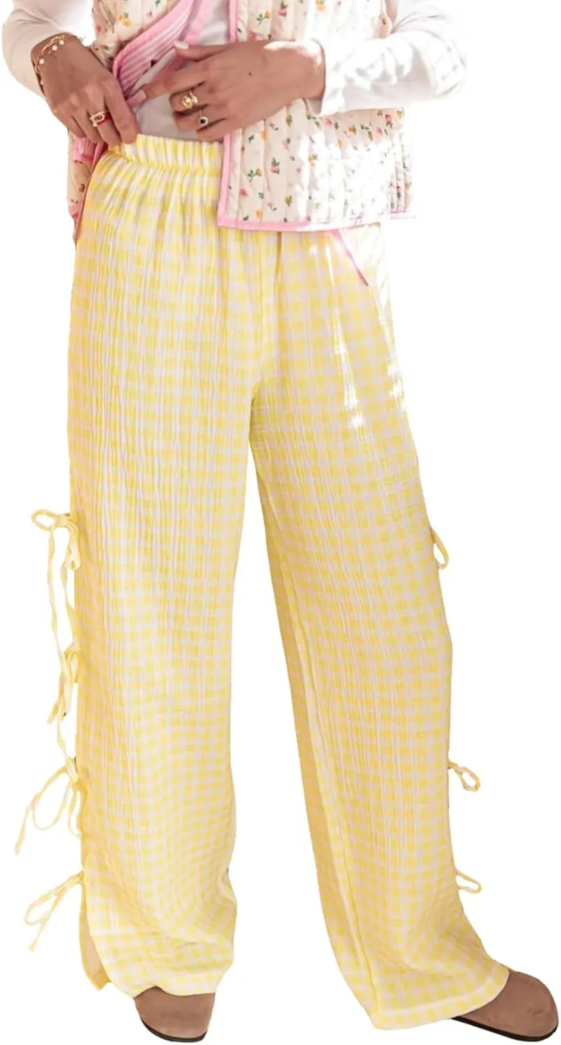 Womens Lounge Bowknot Tie Gingham Pajama Pants Preppy Plaid Sleep Pj Pants Cut Out Side Slit Aesthetic Long Pants