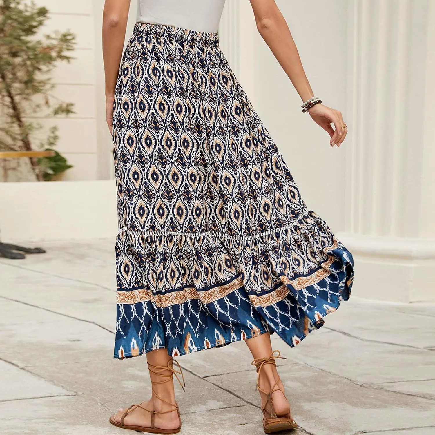 Women's Midi Summer Skirts Boho Flowy Swing A-Line Flowy Skirt 2025 Casual Elastic Waist Tiered Cotton Long Skort Trendy
