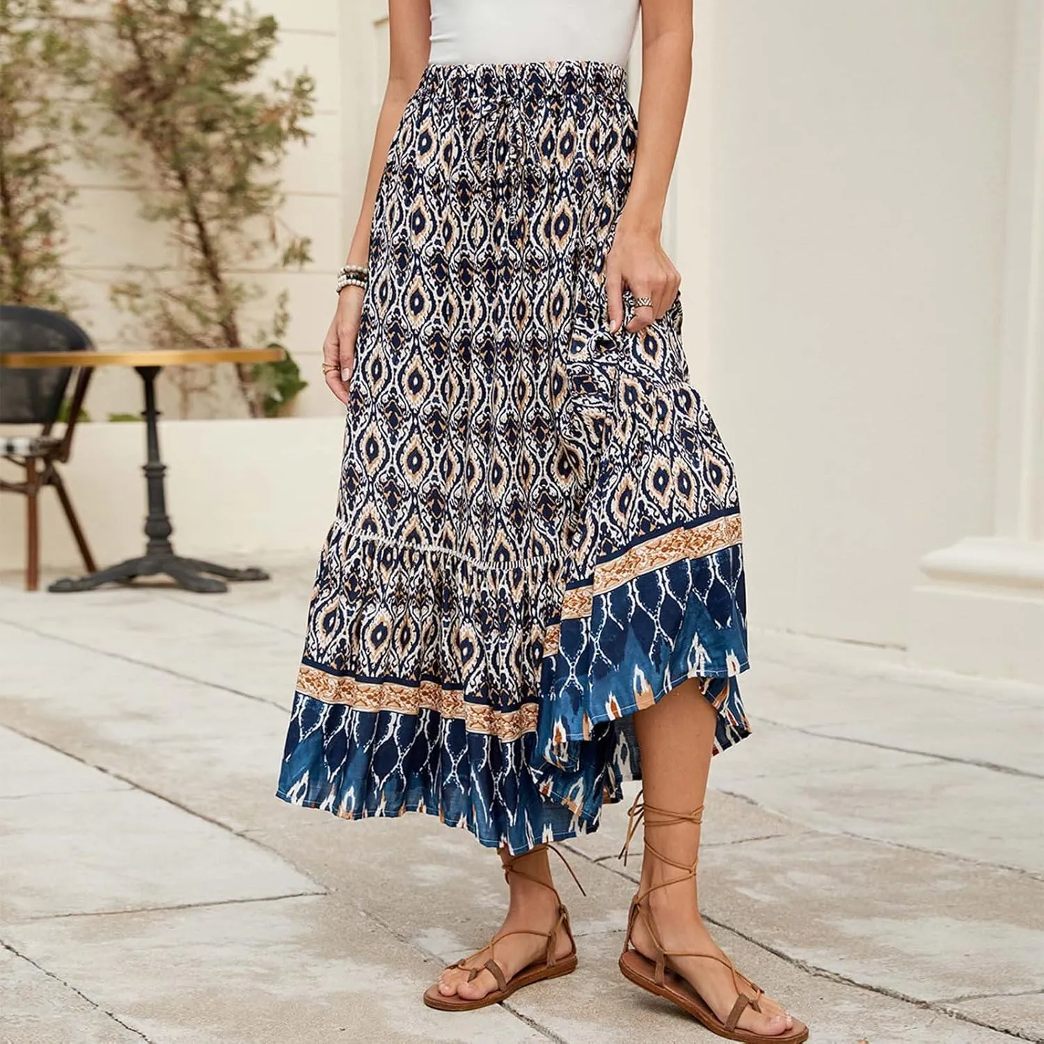 Women's Midi Summer Skirts Boho Flowy Swing A-Line Flowy Skirt 2025 Casual Elastic Waist Tiered Cotton Long Skort Trendy