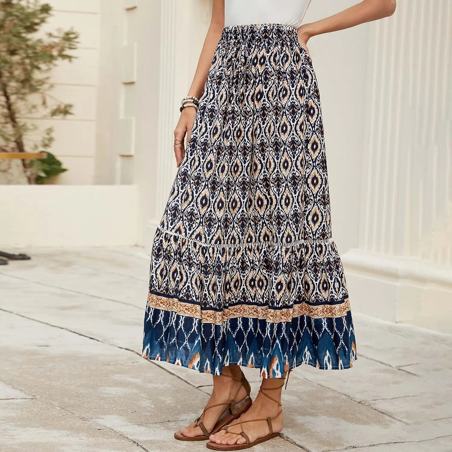 Women's Midi Summer Skirts Boho Flowy Swing A-Line Flowy Skirt 2025 Casual Elastic Waist Tiered Cotton Long Skort Trendy