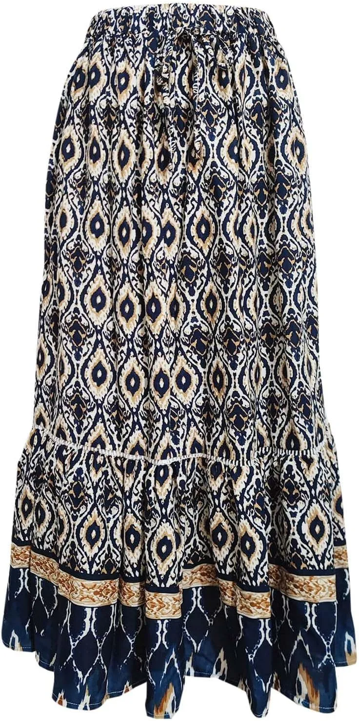 Women's Midi Summer Skirts Boho Flowy Swing A-Line Flowy Skirt 2025 Casual Elastic Waist Tiered Cotton Long Skort Trendy