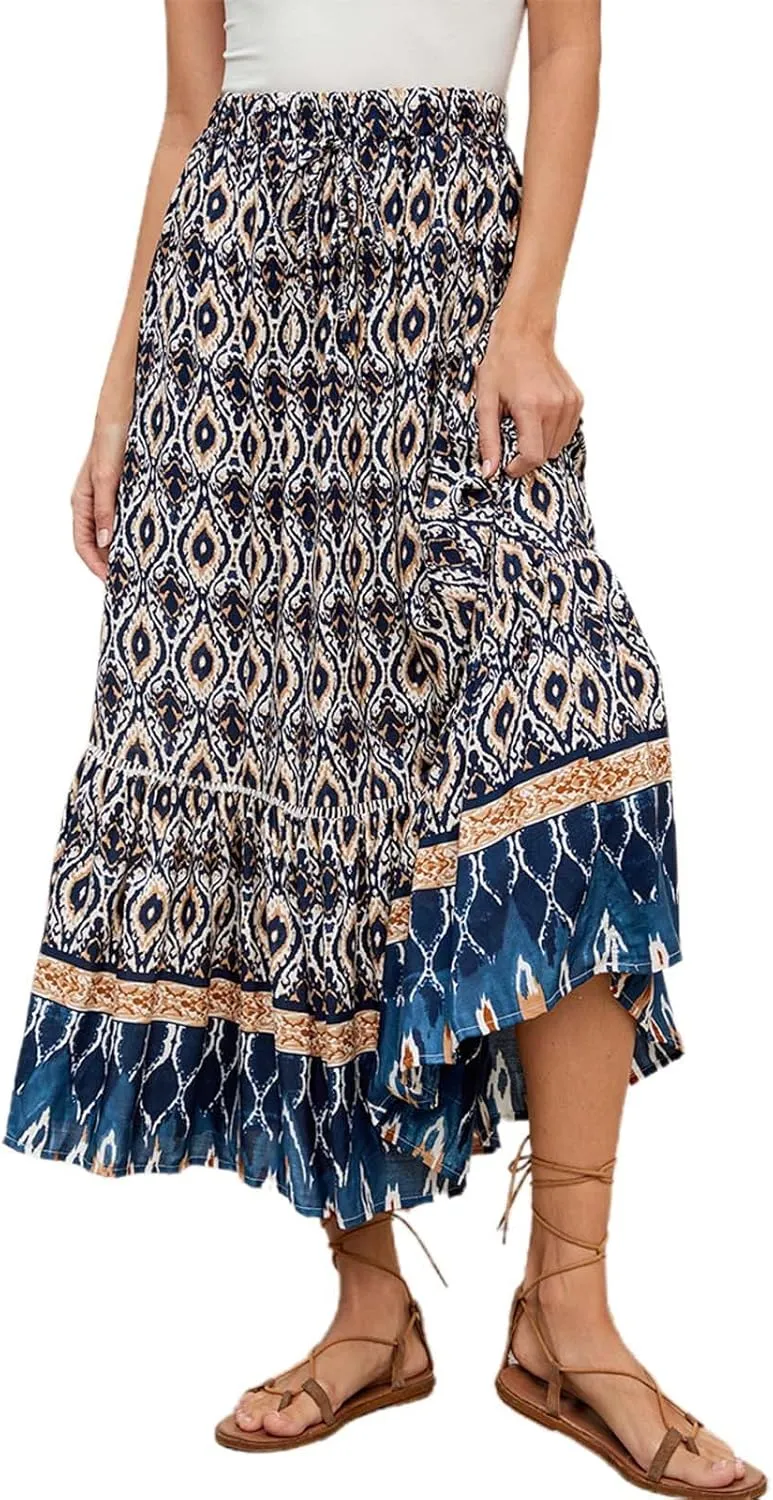 Women's Midi Summer Skirts Boho Flowy Swing A-Line Flowy Skirt 2025 Casual Elastic Waist Tiered Cotton Long Skort Trendy